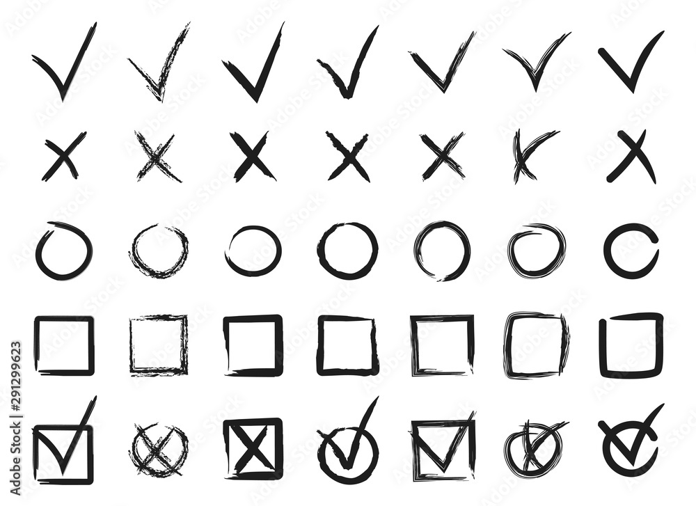 Doodle check mark e cross mark icon set check list símbolo