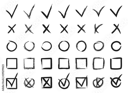 Check signs. Hand drawn checkmarks set, doodle V mark sign for list items. Chalk and brush check mark. Collection checkbox icons. Vector illustration. photo