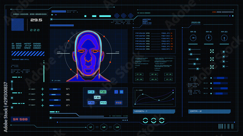Vector illustration of Futuristic user interface information technology virtual biomedical holographic human head scan diagnostic with data for background computer desktop screen.