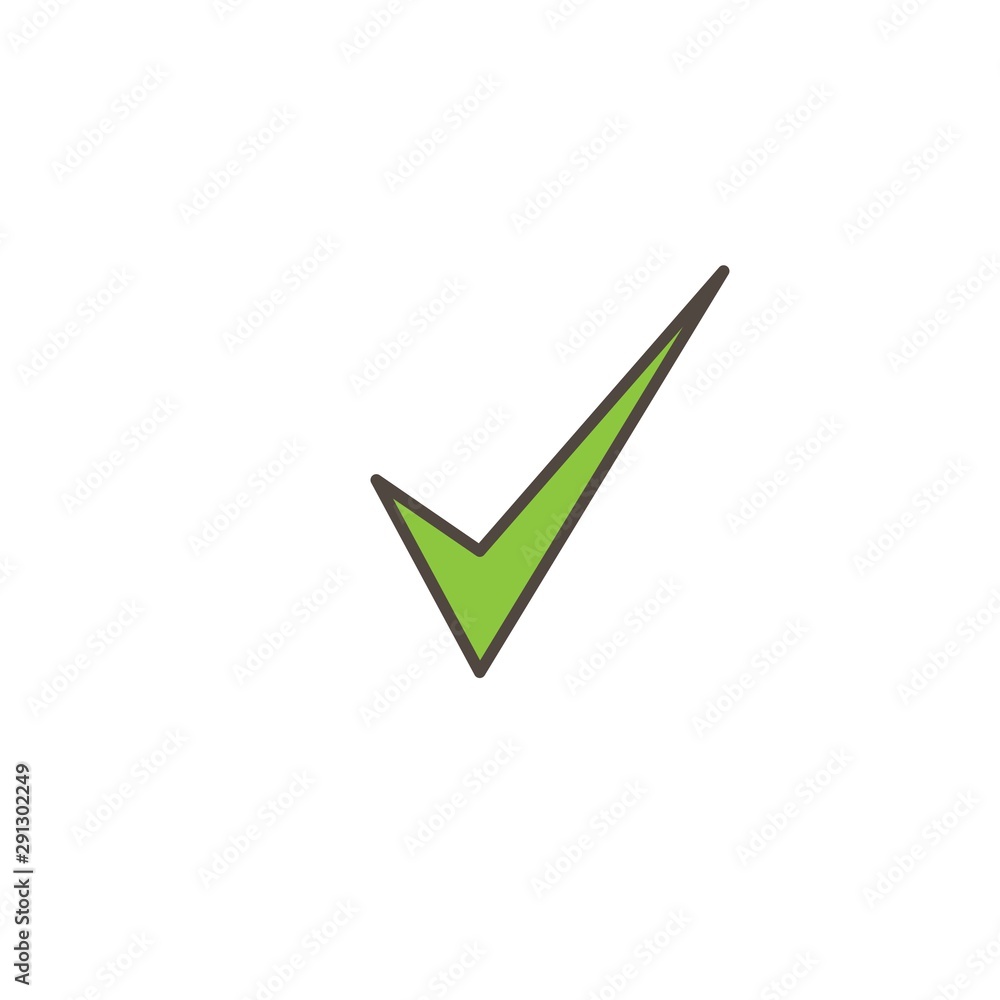 Check Mark. Valid Seal icon. Green sharp tick with outline. Flat OK sticker icon. Isolated on white. Check Mark. Valid Seal icon. Green sharp tick with outline. Flat OK sticker icon. Isolated on white.