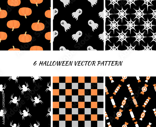 Set halloween seamless patterns. Pumpkins, skulls, sweets. Design for invitations, cards, wallpapers, gift wraps.