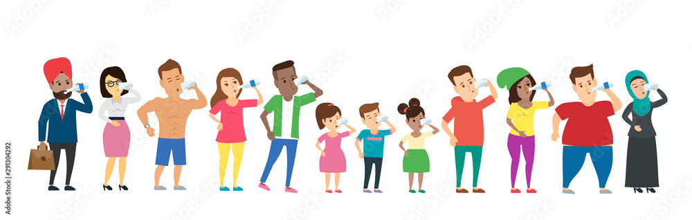 various people drink water from bottle and glass set isolated on white background various people drink water from bottle and glass set isolated on white background