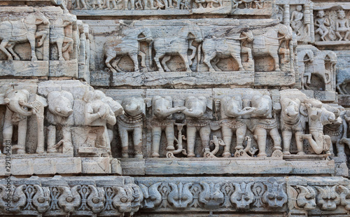 Bas-relief with Horses and Elephants at famous ancient Jagdish Temple in Udaipur, Rajasthan, India