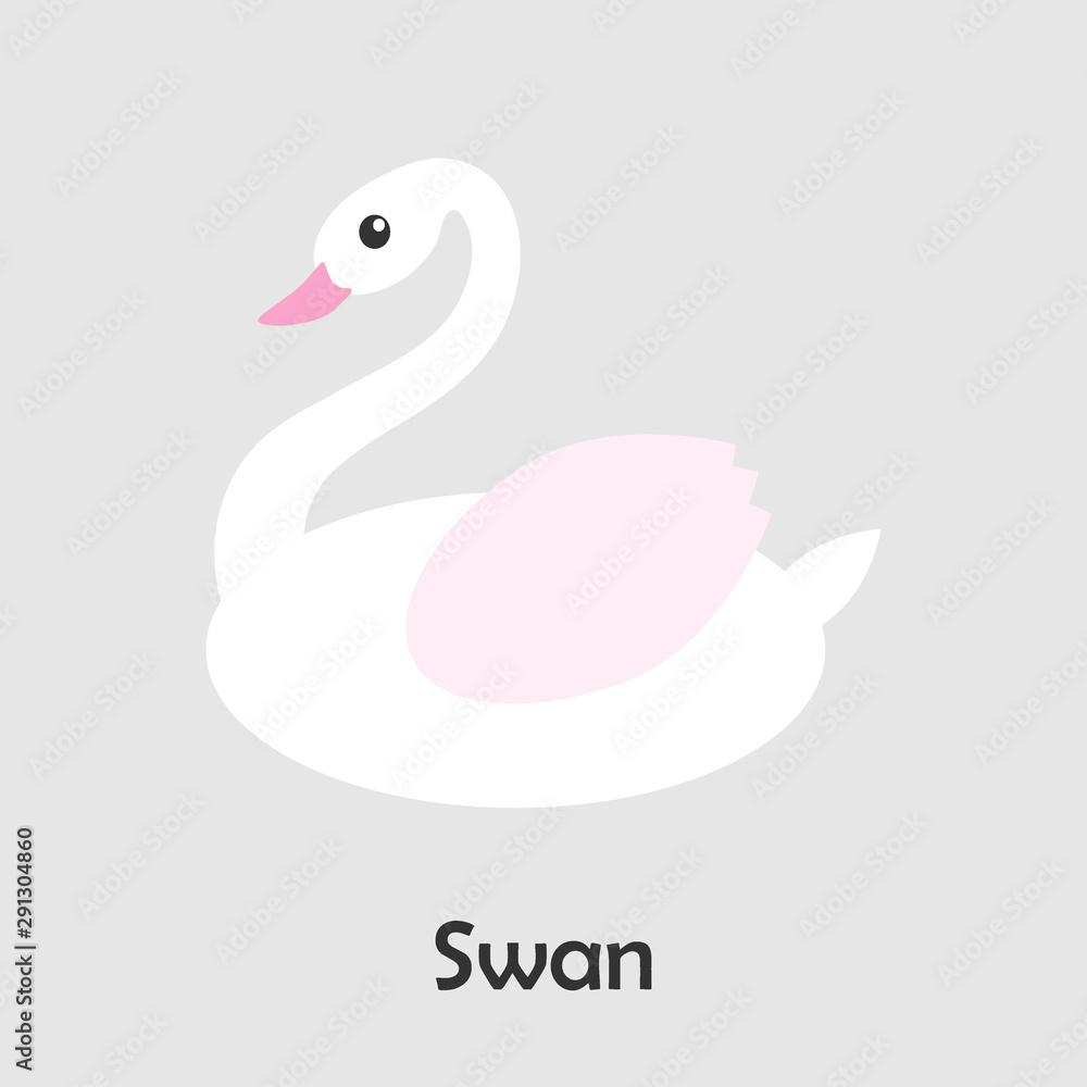 Fototapeta premium Swan in cartoon style, pond card for kid, preschool activity for children, vector illustration