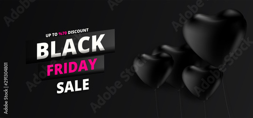 Upto 70% discount offer for Black Friday Sale text on black heart ballons background. Can be used as poster or template design.