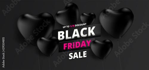 Upto 70% discount offer for Black Friday Sale text on black heart ballons background. Can be used as poster or template design.