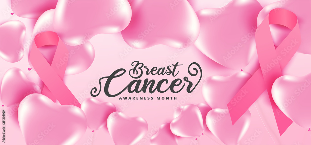 Breast cancer october awareness month heart pink balloons banner background,vector illustration