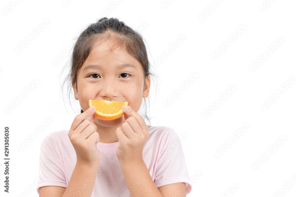 little cute asian girl holding a sliced orange, little cute asian girl holding a sliced orange,