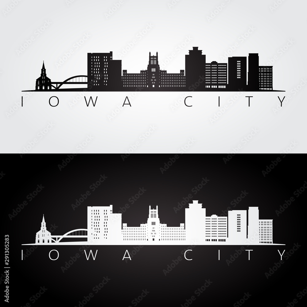 Iowa City USA skyline and landmarks silhouette, black and white design, vector illustration.