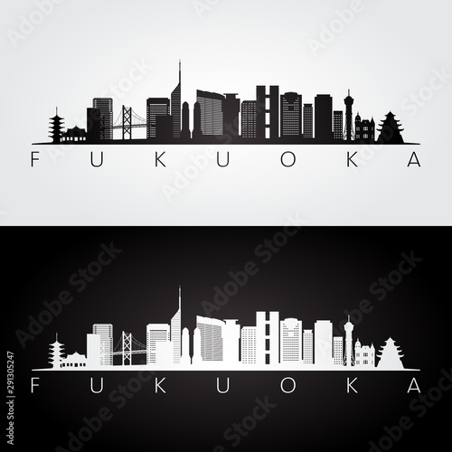 Fukuoka skyline and landmarks silhouette, black and white design, vector illustration.