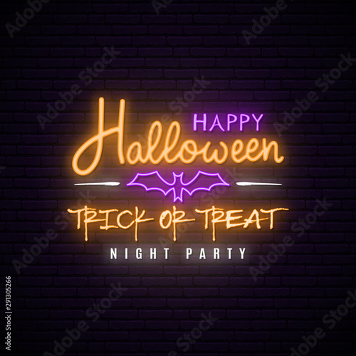 Happy Halloween neon concept banner. Trick or treat bright vector Illustration.