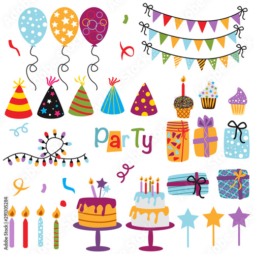 set of isolated Happy Birthday party decorations - vector illustration  eps