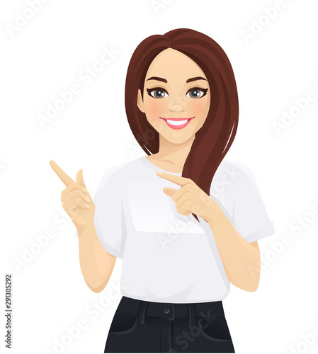 Elegant business woman pointing away isolated vector illustration