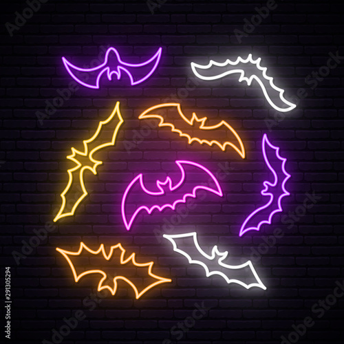 Neon bats collection. Happy Halloween concept vector Illustration.