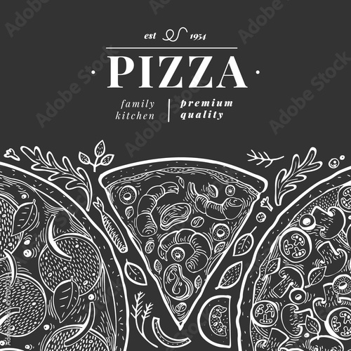 Vector Italian pizza banner template. Hand drawn vintage illustration on chalk board. Italian food design. Can be use for menu, packaging, adversiting for caffe, restaurant, pizzeria