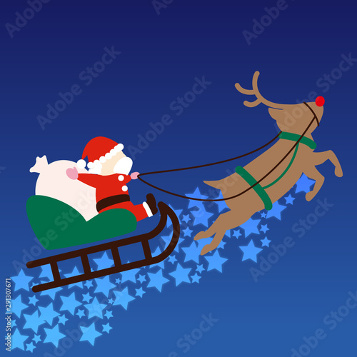 サンタクロースとソリを引いて飛ぶトナカイ