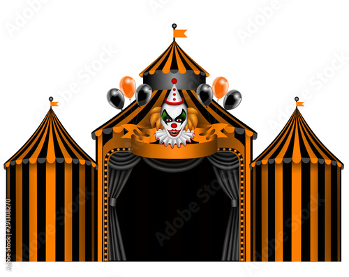 black and orange halloween circus background with clown and balloons vector photo