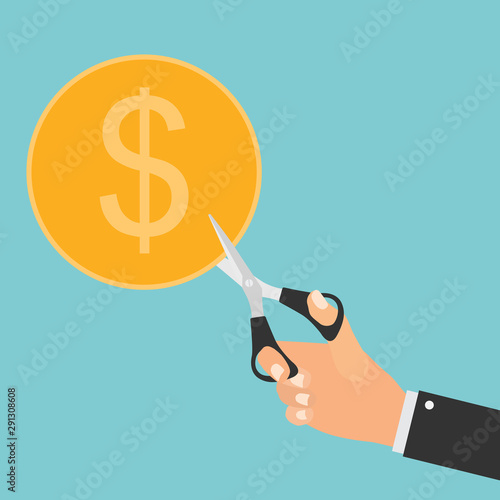 Hand scissors cutting money. Sale concept. Vector Illustration