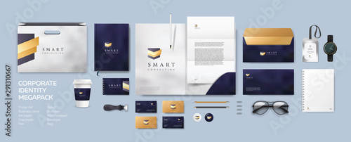 Corporate identity premium branding design. Stationery mockup vector mega pack set. Template for business, consulting, bank or finance company based on modern badge straps and shield logo.