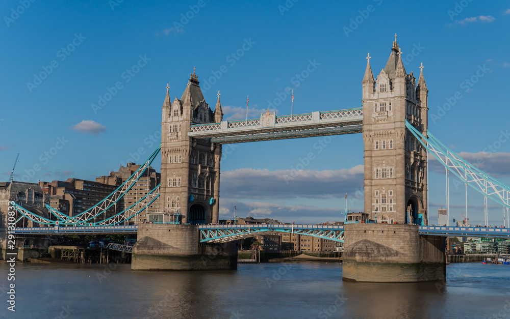 Tower Bridge in London in the blue sky.