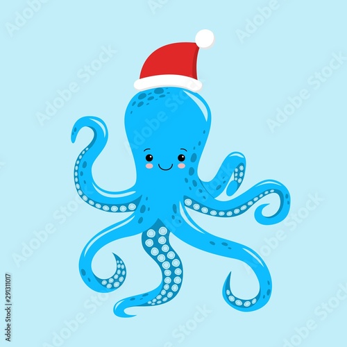 Octopus cartoon character. A Cute octopus wearing Santa Claus hat for Merry Christmas and Happy New Year invitation card.