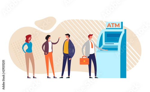 People characters waiting ATM line. Vector graphic design flat cartoon illustration