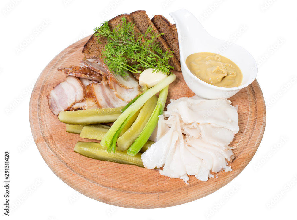 Assorted pork fat with pickles.