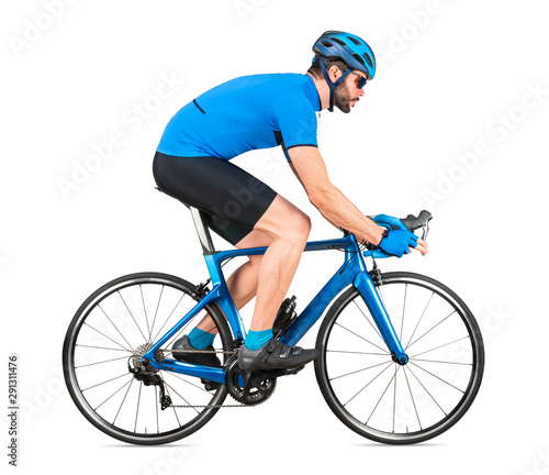 Fototapeta Naklejka Na Ścianę i Meble -  professional bicycle road racing cyclist racer  in blue sports jersey on light carbon race cycle. sport exercise training cycling concept isolated white background