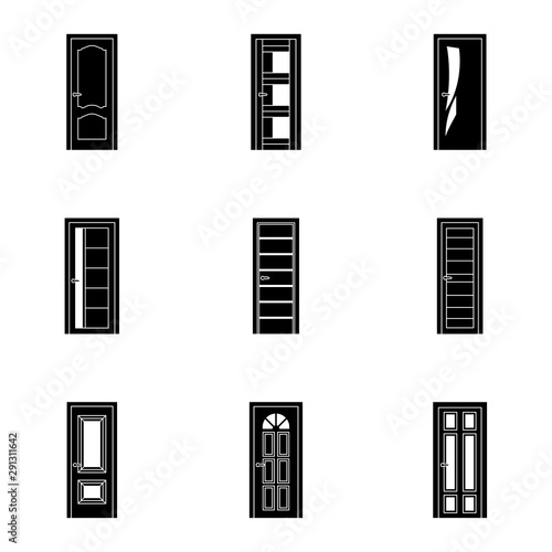 Door icons. Black vector set