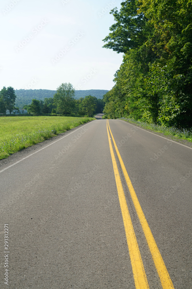 perspective view of country road with double yellow line