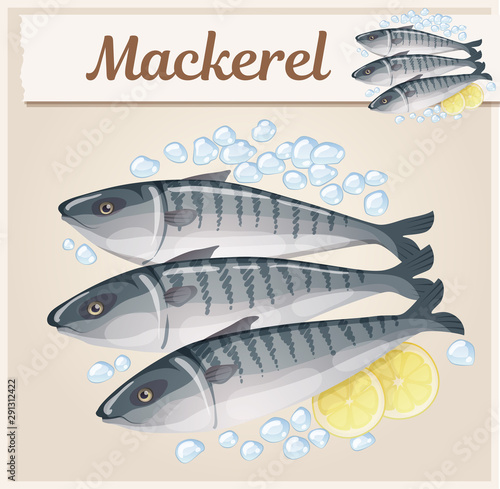 Frozen mackerel icon. Cartoon food vector illustration