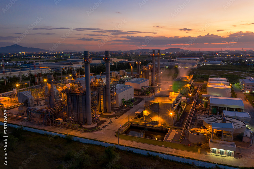 Aerial view. industrial power plant energy at night and twilight Aerial view. industrial power plant energy at night and twilight