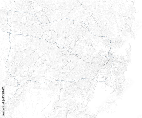 Satellite map of Sydney and surrounding areas,  Australia. Map roads, ring roads and highways, rivers, railway lines. Transportation map