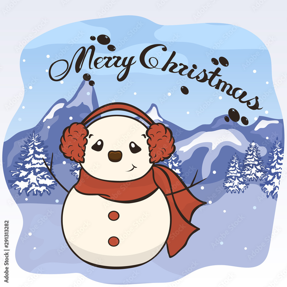 Christmas cartoon snowman in scarf and fur headphones vector image. Winter friend of children. Merry Christmas greeting card with snowman. New Year's poster. Molded from snow character. Christmas cartoon snowman in scarf and fur headphones vector image. Winter friend of children. Merry Christmas greeting card with snowman. New Year's poster. Molded from snow character.