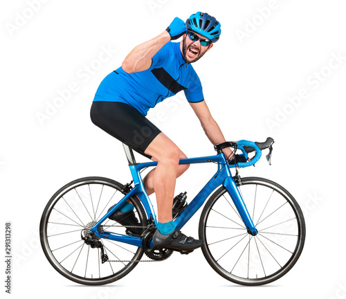 professional bicycle road racing cyclist racer in blue sports jersey on light carbon race cycle celebration celebrating win. sport exercise training cycling winner concept isolated white background