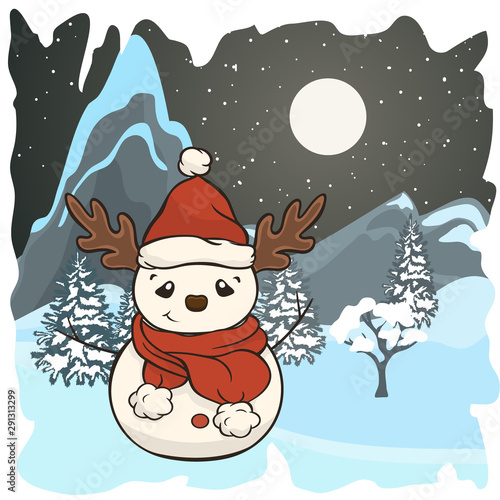 Christmas cartoon snowman in scarf and red hat with  antlers vector image. Winter friend of children. Merry Christmas greeting card with fun snowman. New Year's poster. Molded from snow character.