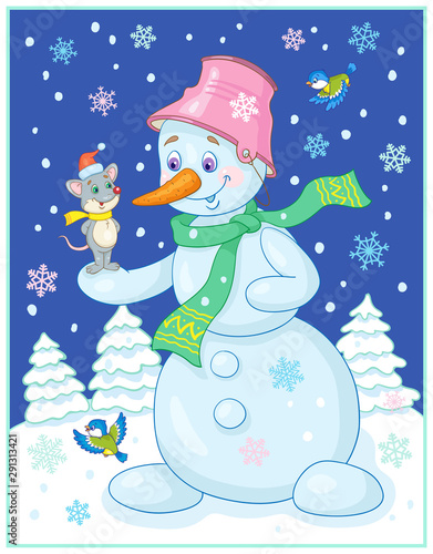 Big funny Snowman with a mouse in a red cap on his hand stands on the night glade. New Year card in cartoon style.