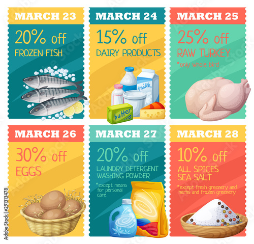 Grocery banners set vector design. Concept of advertising flyer with food icons Flat grocery discount card advertising design