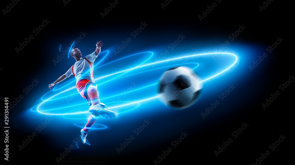 Neon action. Professional soccer player in action. Blue neon light