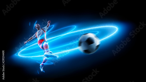 Neon action. Professional soccer player in action. Blue neon light