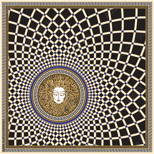 Vector striped spiral shawl print with Medusa Gorgon head in gold chains frame, black and golden Greek meander border pattern, Baroque silk bandana . 6 pattern brushes in the palette