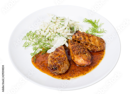 Grilled chicken fillets with cabbage salad.