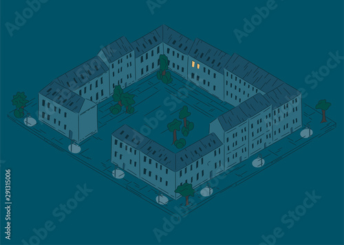 city block at night with dark windows and a single light - sleepless