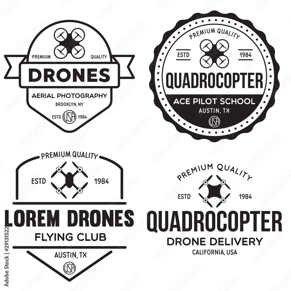 Set of drone logos, badges, emblems and design elements. Quadrocopter flying club, delivery logotypes. Set of drone logos, badges, emblems and design elements. Quadrocopter flying club, delivery logotypes.