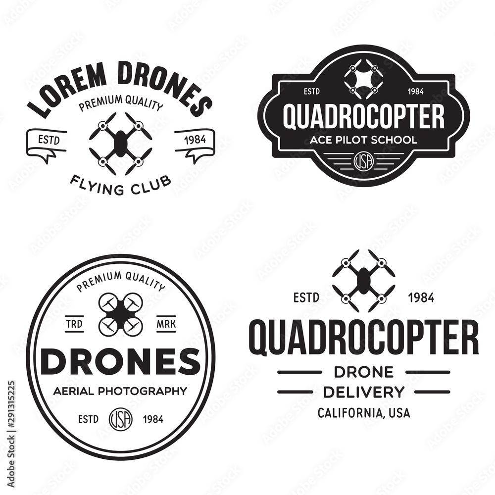Obraz premium Set of drone logos, badges, emblems and design elements. Quadrocopter flying club, delivery logotypes.