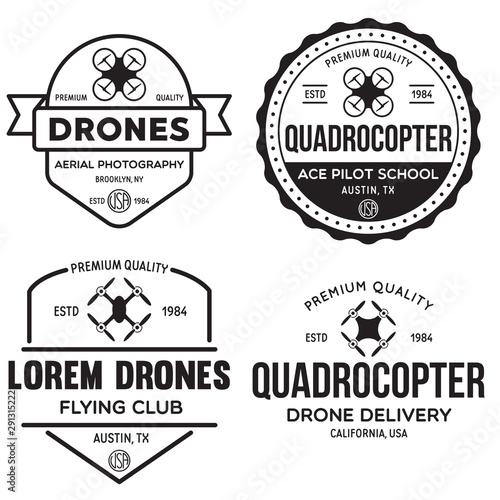 Set of drone logos, badges, emblems and design elements. Quadrocopter flying club, delivery logotypes.