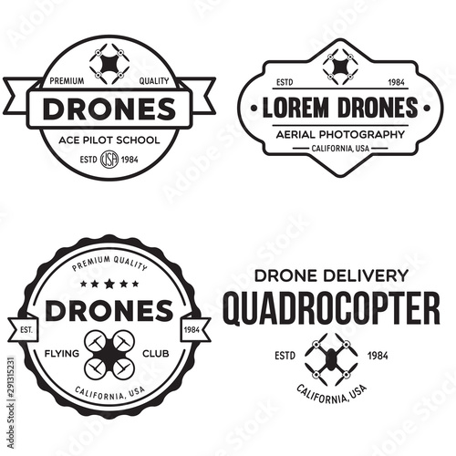 Set of drone logos, badges, emblems and design elements. Quadrocopter flying club, delivery logotypes.