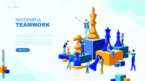 Trendy flat illustration. Successful teamwork page concept. People work. Business strategy. Teamwork and competition. Chess game. Chess pieces.Template for your design works. Vector graphics.