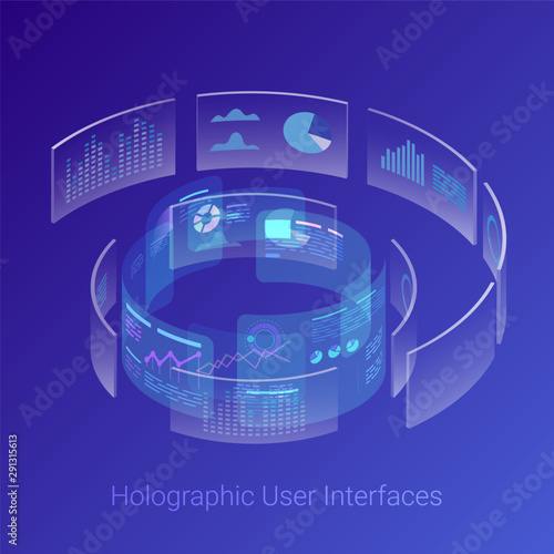 Isometric Holographic Virtual Reality VR HUD Head-Up Displays User Interface Cylindrical shape vector design illustration.