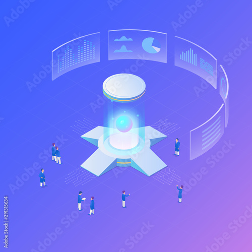 Artificial intelligence Isometric Flat vector concept AI, Powerful Server Big Data Computer, Blockchain data mining, Neural network abstract object illustration.